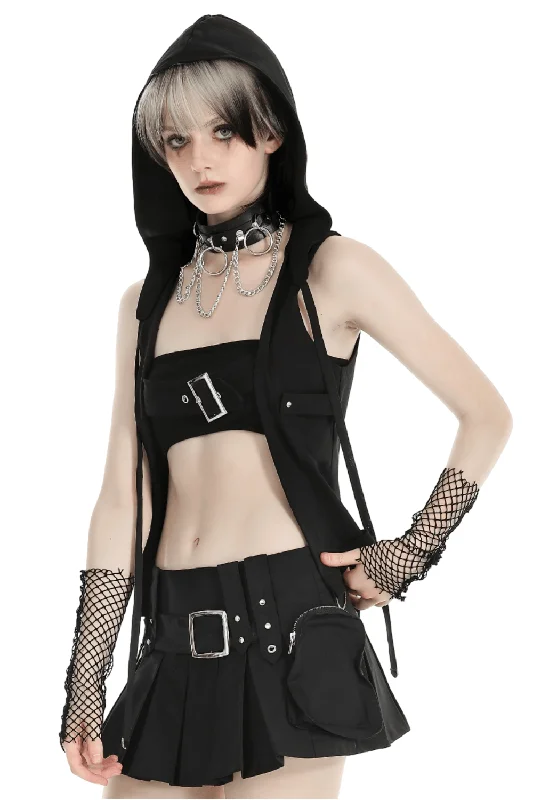 Gothic Sleeveless Hooded Top with Buckle Strap Detail Hoodie with Applique Textured Unique Gothic Sleeveless Hooded Top with Buckle Strap Detail Hoodie with Applique Textured Unique