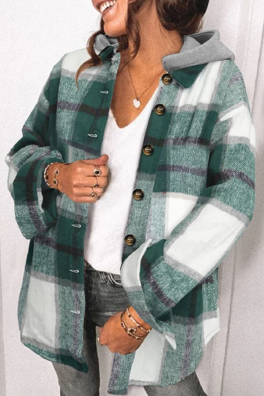 Green Plaid Hooded Button-Up Shacket Hoodie with Tie-Dye Psychedelic Retro