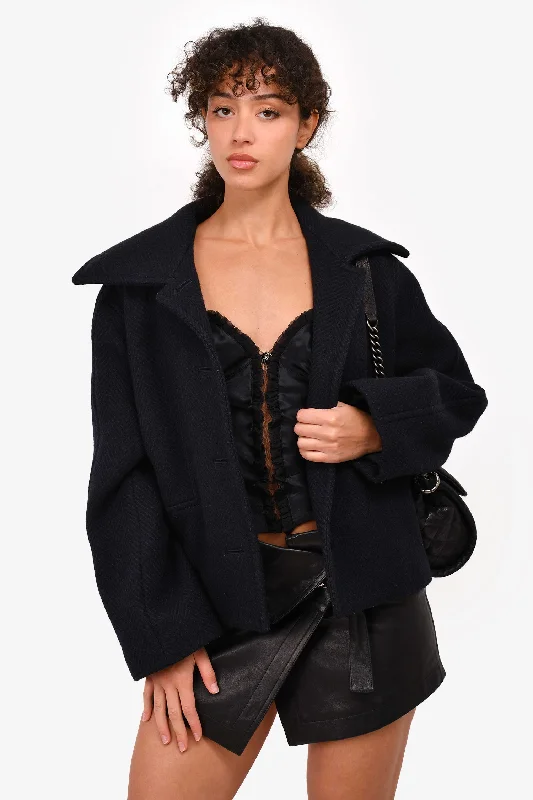 Hermes Navy Wool Herringbone Peacoat Size 40 Fitted Loose Oversized