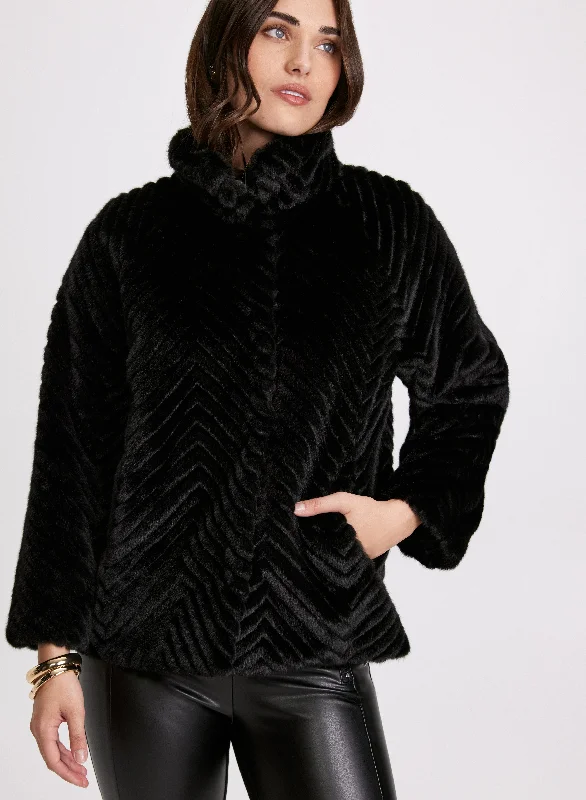 Herringbone Quilted Faux Fur Coat Blazer Duffle Coat Pea Coat
