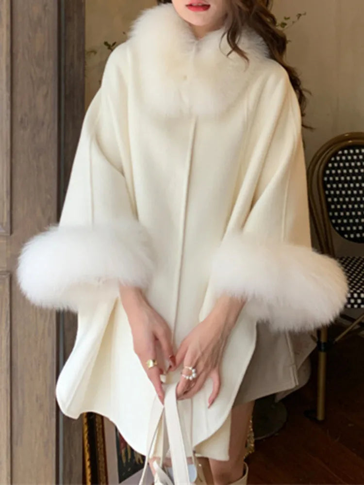 High End Double Sided Cashmere Fox Cloak Shawl Woolen Fashion Warm Coat Stylish Fringed Shawl Cape