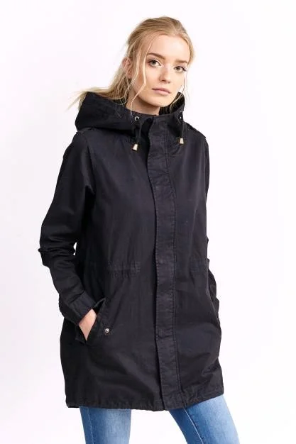 HOODED FUNNEL NECK COTTON TWILL PARKA Hoodie with Velcro Closure Adjustable Secure