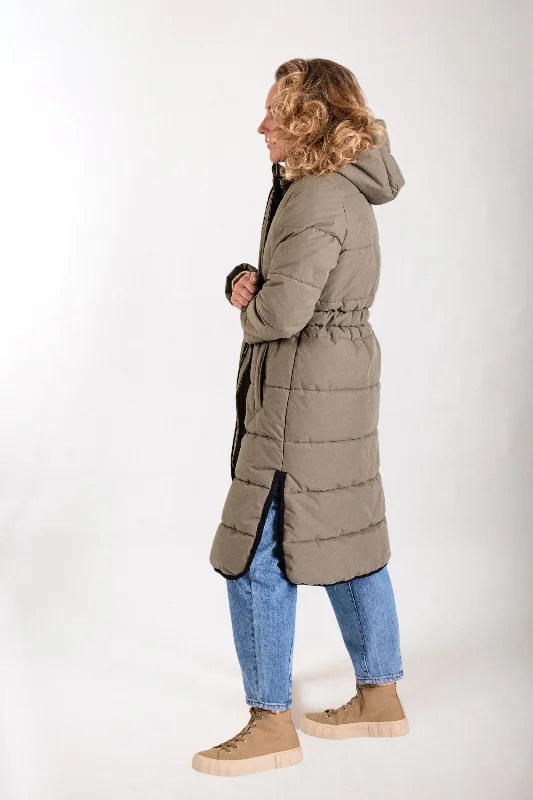 Hooded Longline Puffer in Sage Hoodie with Slim Fit Tailored Modern