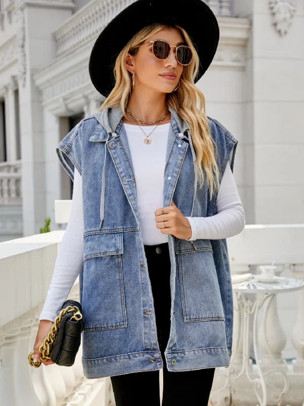 Hooded Sleeveless Denim Top with Pockets Hoodie Crop Top Short Trendy