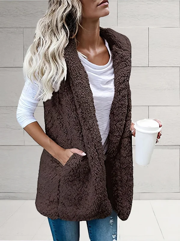 Hooded Teddy Vest with Pockets Hoodie Dress Longline Feminine