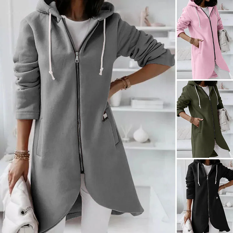Hooded Long Sleeve Zipper With Pocket Hoodie with Hem Detail Decorative Unique