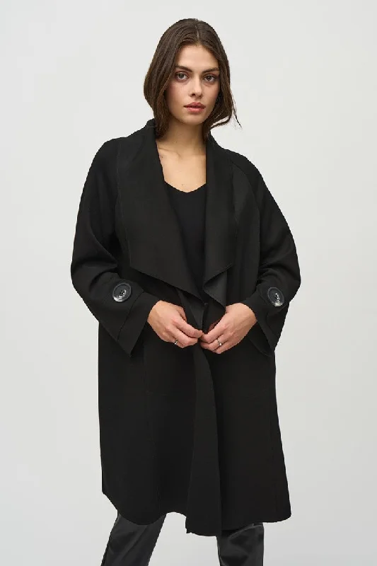 Joseph Ribkoff Black Scuba Shawl Collar Coat Stylish Knit Shawl Wrap
