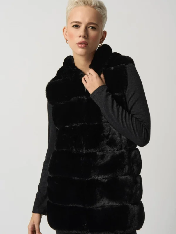 Joseph Ribkoff Black Faux Fur Hooded Gilet/Vest 233921 Col 11 Hoodie with Thumb Holes Functional Cozy Joseph Ribkoff Black Faux Fur Hooded Gilet/Vest 233921 Col 11 Hoodie with Thumb Holes Functional Cozy