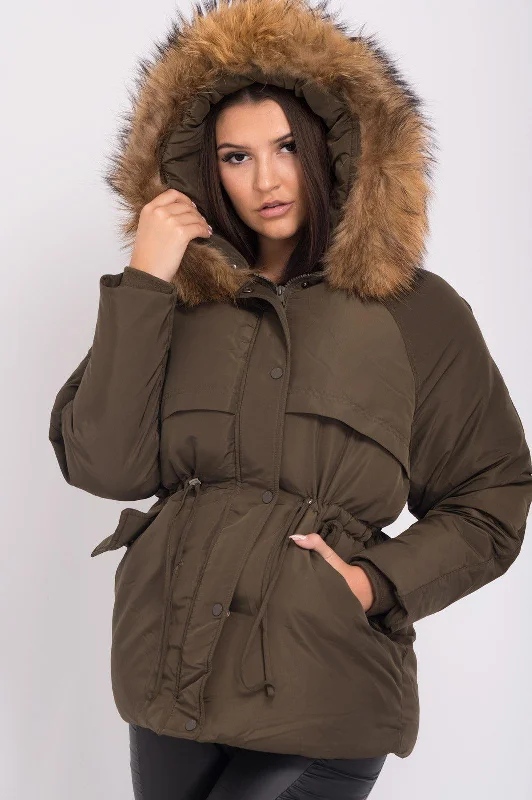 Khaki Luxury Fur Padded Stopper Drawstring Coat Three-Quarter Sleeve Elbow Sleeve Wrist Sleeve