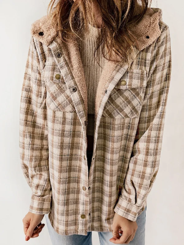 Khaki Checkered Sherpa-Lined Hooded Shacket Hoodie with Monochrome Minimalist Simple Khaki Checkered Sherpa-Lined Hooded Shacket Hoodie with Monochrome Minimalist Simple