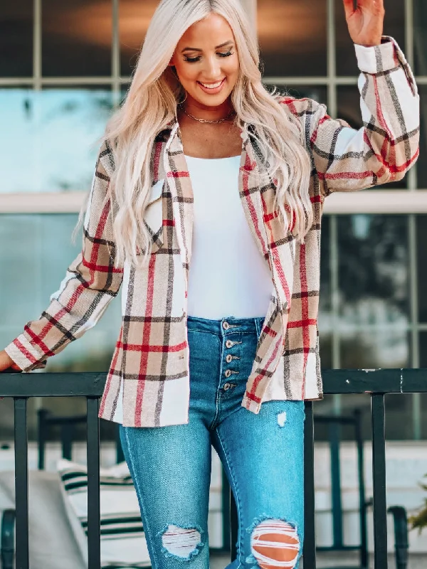 Khaki Plaid Print Sheath Button-Up Coat with Pockets Off-the-Shoulder Jacket Double-Breasted Coat Single-Breasted Coat Khaki Plaid Print Sheath Button-Up Coat with Pockets Off-the-Shoulder Jacket Double-Breasted Coat Single-Breasted Coat