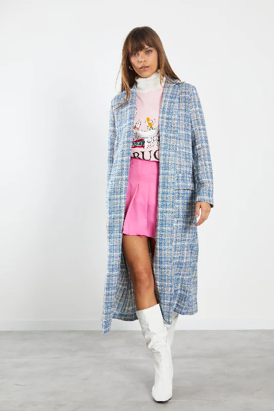 Glamorous Blue Grey Check Longline Coat with Front Pockets Toggle Coat Shawl Collar Coat Notch Collar Coat