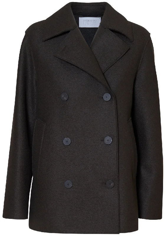 Long Peacoat Dark Brown Pressed Wool Raincoat Turtleneck Coat Wrap Coat
