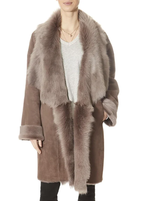 Loose New Taupe Shawl Collar Sheepskin Coat Chic Embroidered Shawl Wrap