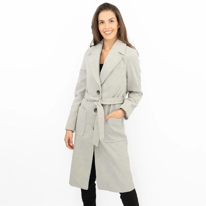 M&S Grey Herringbone Belted Tailored Coat Shawl Collar Notch Collar Lapel Collar