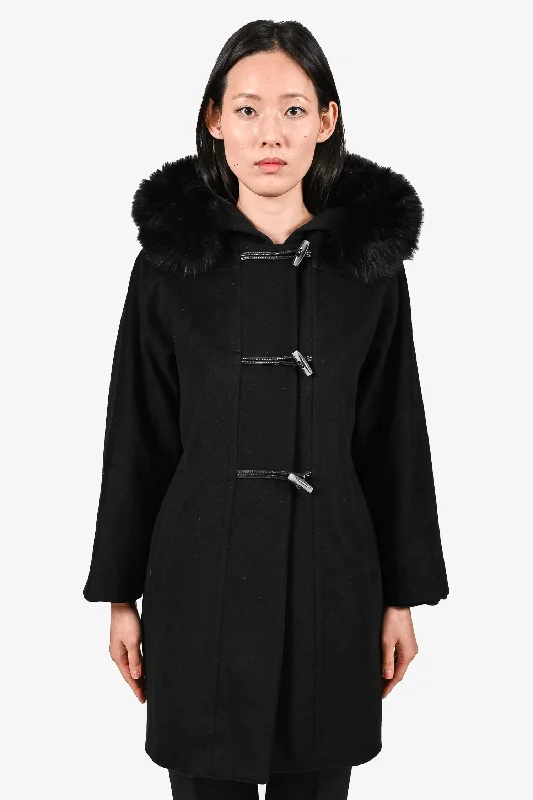 Max Mara Studio Black Wool Peacoat with Fox Collar Size 4 US Welt Pockets Slit Pockets Flap Pockets Max Mara Studio Black Wool Peacoat with Fox Collar Size 4 US Welt Pockets Slit Pockets Flap Pockets