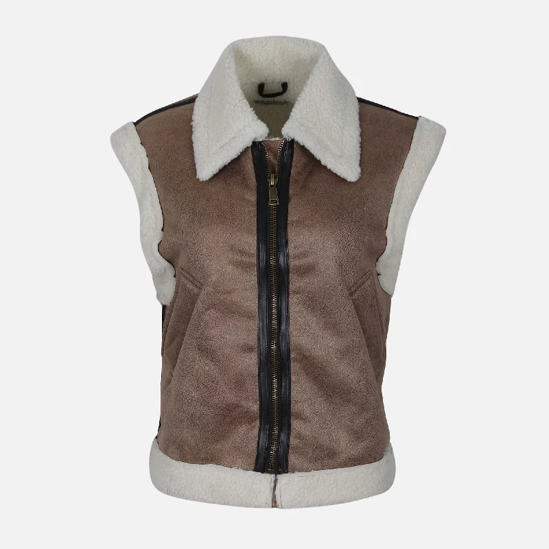 LADIES SHERPA LINED SUEDE WAISTCOAT Stylish Open-Front Waistcoat