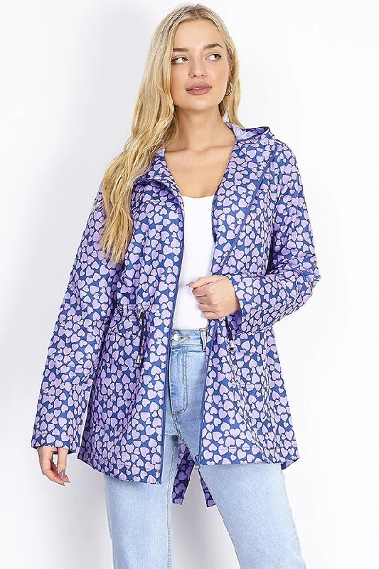 NAVY HEART PRINT LIGHTWEIGHT HOODED MAC Hoodie with Drawstring Waist Adjustable Fitted NAVY HEART PRINT LIGHTWEIGHT HOODED MAC Hoodie with Drawstring Waist Adjustable Fitted