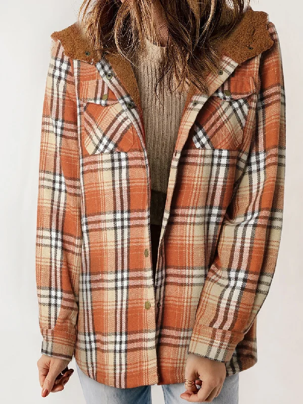 Orange Plaid Sherpa-Lined Hooded Shacket with Southern Belle Style Hoodie with Metallic Shiny Futuristic