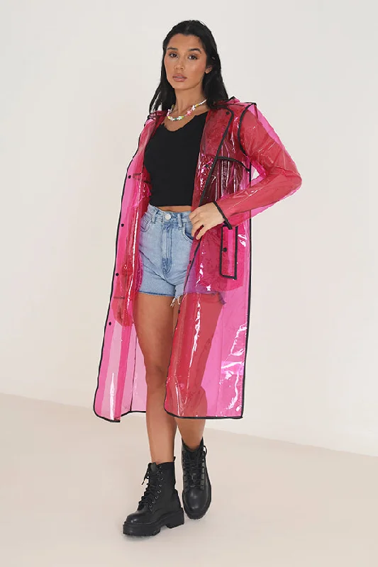 PINK SEE THROUGH LONGLINE HOODED FESTIVAL MAC Hoodie with Snap Buttons Easy Quick