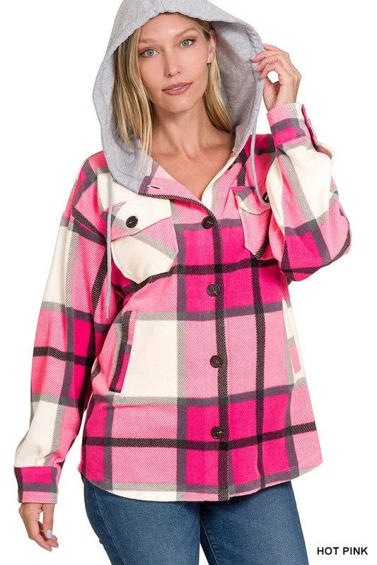 Plaid Drawstring Hooded Fleece Shacket Hoodie with Typography Text Message