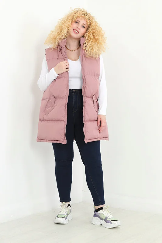PLUS SIZE PINK LONGLINE HOODED PADDED GILET Hoodie with Back Slit Movement Comfort