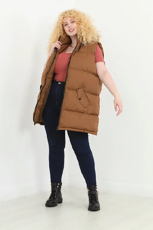 PLUS SIZE TOFFEE HOODED LONGLINE PADDED GILET Hoodie with Front Slit Layering Stylish PLUS SIZE TOFFEE HOODED LONGLINE PADDED GILET Hoodie with Front Slit Layering Stylish
