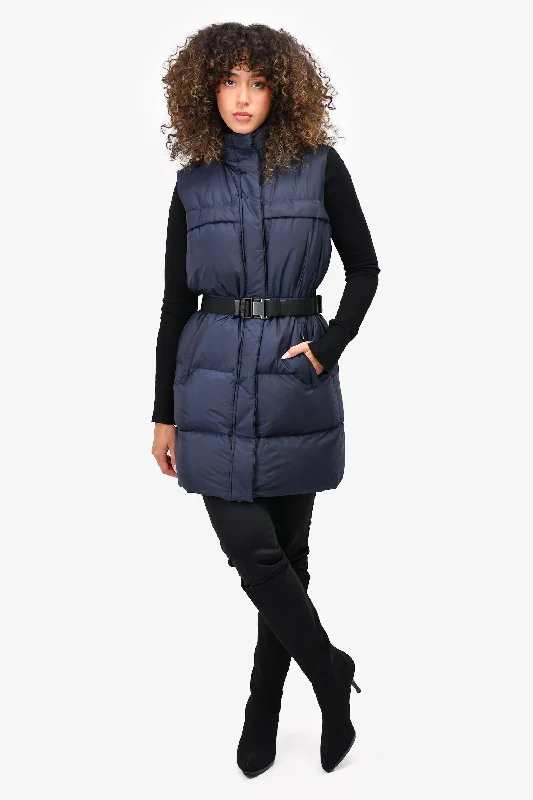 Prada Navy Blue Cinched Waist Puffer Vest with Black Belt Size 42 Oversized Knit Vest