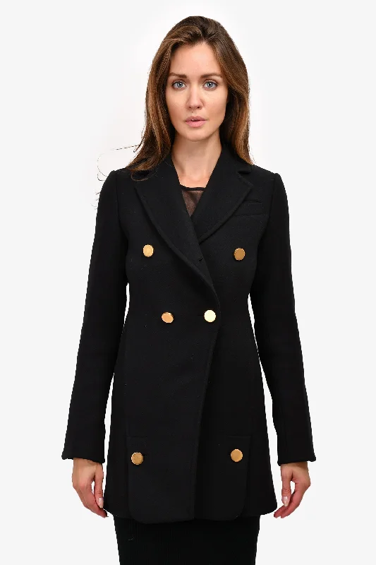 Proenza Schouler Black Wool/Cashmere Gold Buttoned Peacoat Size 0 Trim Padded Insulated Proenza Schouler Black Wool/Cashmere Gold Buttoned Peacoat Size 0 Trim Padded Insulated