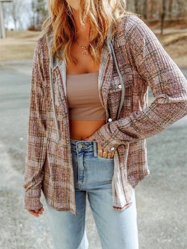Purple Plaid Hooded Drawstring Shacket with Contrast Accents Hoodie with Earth Tones Natural Calm Purple Plaid Hooded Drawstring Shacket with Contrast Accents Hoodie with Earth Tones Natural Calm
