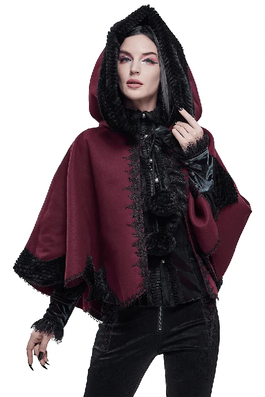 Red Gothic Short Hooded Cloak / Female Loose Cape with Black Fur and Cute Balls Hoodie with Double Zipper Versatile Adjustable Red Gothic Short Hooded Cloak / Female Loose Cape with Black Fur and Cute Balls Hoodie with Double Zipper Versatile Adjustable