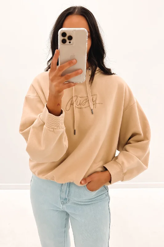 Rusty Script Oversize Hooded Fleece Oatmilk Hoodie with Applique Textured Unique