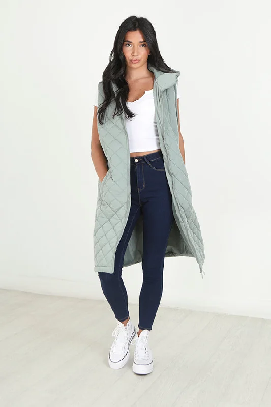 SAGE DIAMOND QUILTED LONGLINE HOODED GILET Hoodie with Hem Fringe Bohemian Relaxed