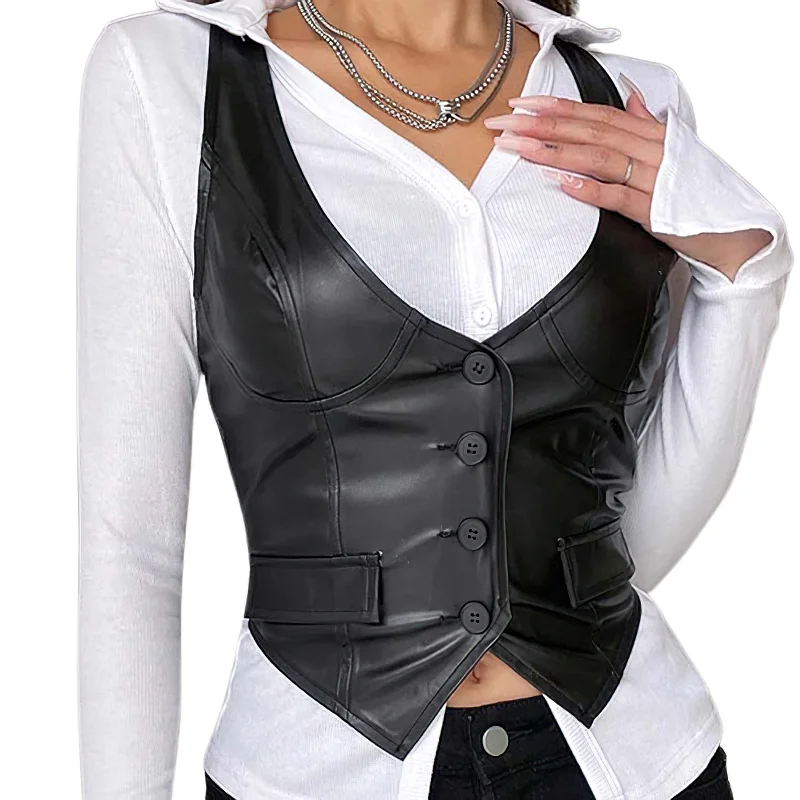 Sexy Bodycon Black PU Leather Cropped Vest For Women / Gothic Waistcoat Of Buttons Elegant Puffer Waistcoat Vest Sexy Bodycon Black PU Leather Cropped Vest For Women / Gothic Waistcoat Of Buttons Elegant Puffer Waistcoat Vest