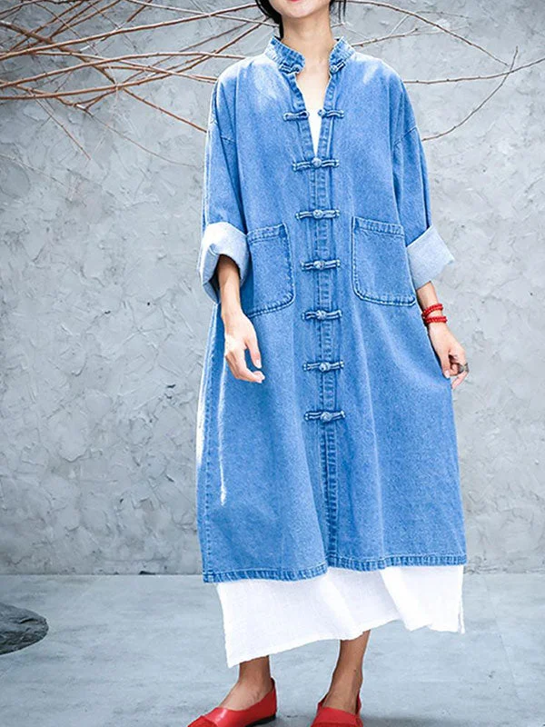 Slouch Pocket Denim Coat Crew Neck V-Neck Boat Neck