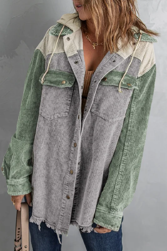Snap Front Hooded Corduroy Shacket Hoodie with Ribbed Hem Stretchable Secure