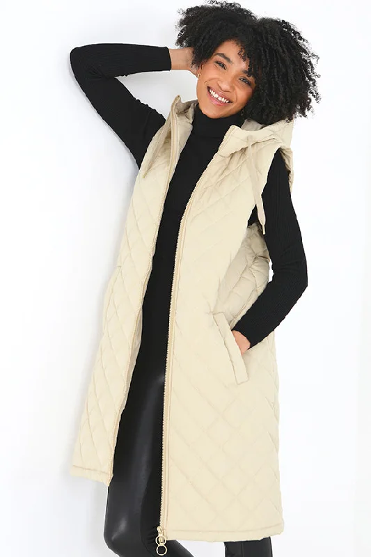 STONE DIAMOND QUILTED LONGLINE HOODED GILET Hoodie with Tied Waist Feminine Flattering STONE DIAMOND QUILTED LONGLINE HOODED GILET Hoodie with Tied Waist Feminine Flattering