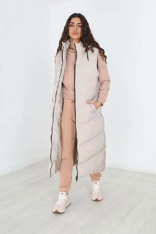 STONE LONGLINE CHERVON QUILT HOODED PADDED GILET Hoodie with Side Slits Relaxed Casual STONE LONGLINE CHERVON QUILT HOODED PADDED GILET Hoodie with Side Slits Relaxed Casual