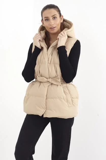 STONE PLAIN TIE BELT DETAIL HOODED PADDED GILET Hoodie with Hem Drawcord Adjustable Customizable STONE PLAIN TIE BELT DETAIL HOODED PADDED GILET Hoodie with Hem Drawcord Adjustable Customizable