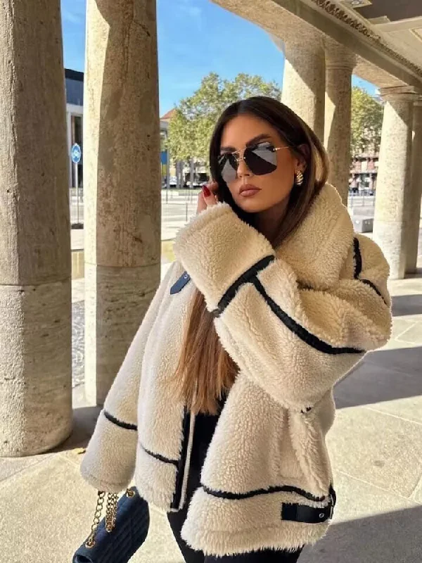 Streetwear White Turn Down Long Pocket Winter Chic Thick Coat Herringbone Houndstooth Plaid Streetwear White Turn Down Long Pocket Winter Chic Thick Coat Herringbone Houndstooth Plaid