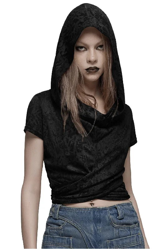 Swing Collar Hooded Short Sleeves Top with Criss-Cross Hem Hoodie with Metallic Shiny Futuristic Swing Collar Hooded Short Sleeves Top with Criss-Cross Hem Hoodie with Metallic Shiny Futuristic