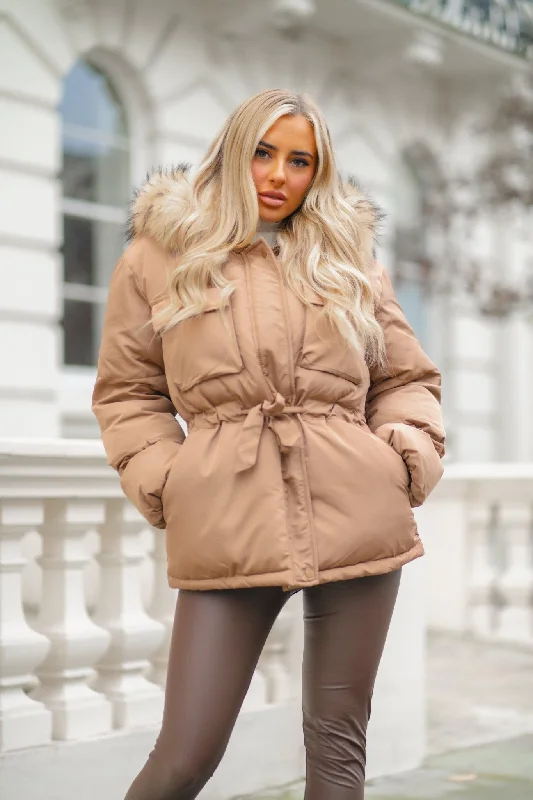 Tan Drawstring Luxury Fur Padded Belted Coat Sleeveless Short Sleeve Long Sleeve