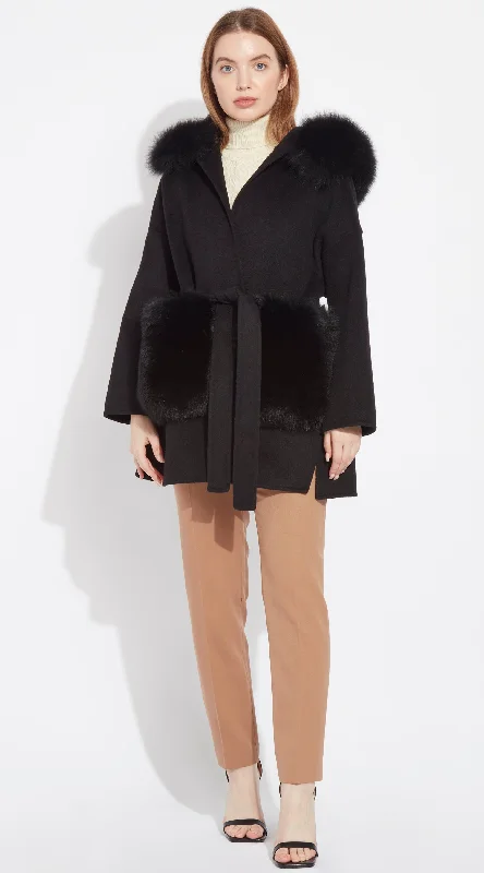 The London Cashmere & Fox Fur Hood & Pockets Belted Coat - Black Cardigan Sweater Pullover