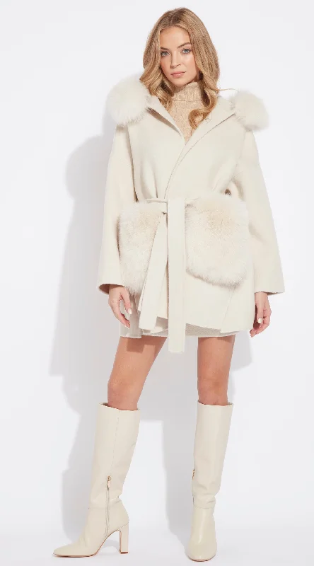 The London Cashmere & Fox Fur Hood & Pockets Belted Coat - Buttermilk Blouse Shirt Tunic