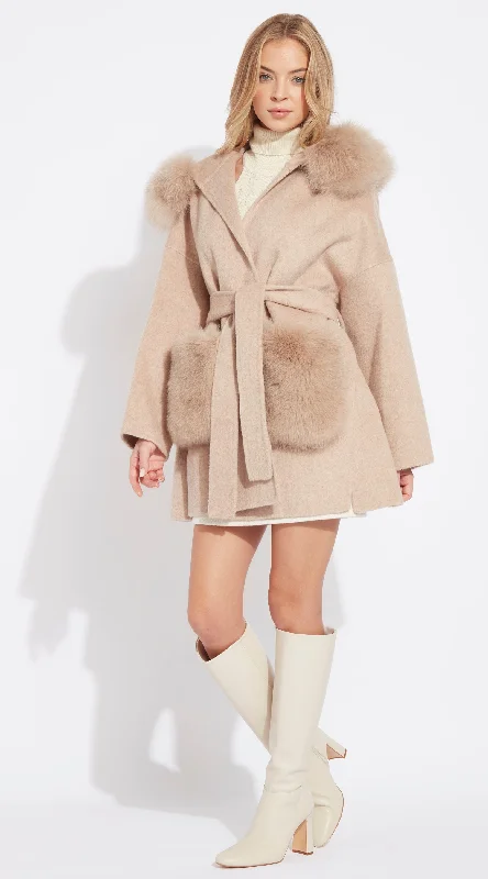 The London Cashmere & Fox Fur Hood & Pockets Belted Coat - Golden Beige Bolero Crop Top Camisole