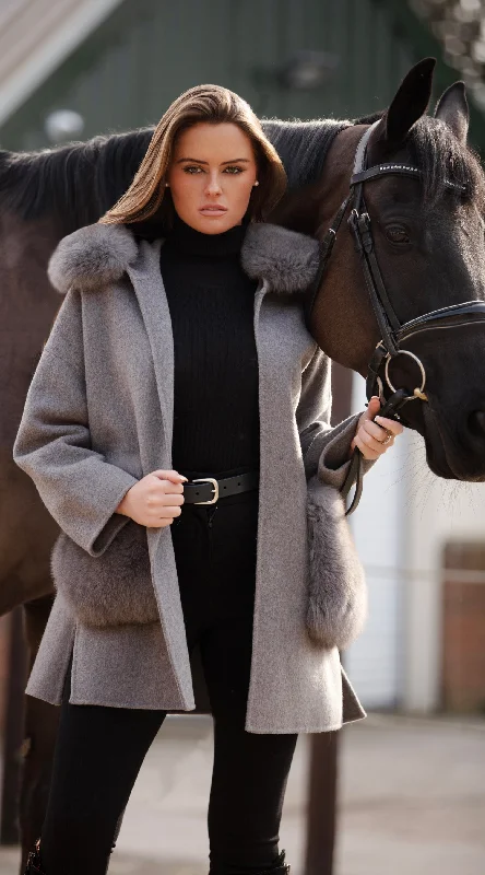The London Cashmere & Fox Fur Hood & Pockets Belted Coat - Grey Stole Shawl Scarf