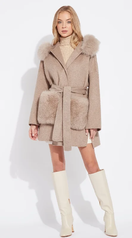 The London Cashmere & Fox Fur Hood & Pockets Belted Coat - Taupe Kimono Robe Cloak