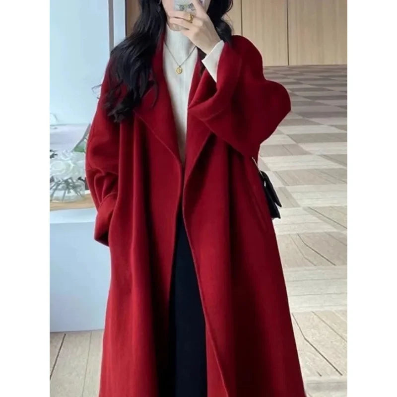 Trendy Red Loose-fit Medium-length Woolen Spring New Thickened Short Coat Wool Cashmere Tweed Trendy Red Loose-fit Medium-length Woolen Spring New Thickened Short Coat Wool Cashmere Tweed