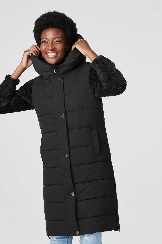 Longline Quilted Hooded Gilet Vest Hoodie with Stripes Bold Sporty