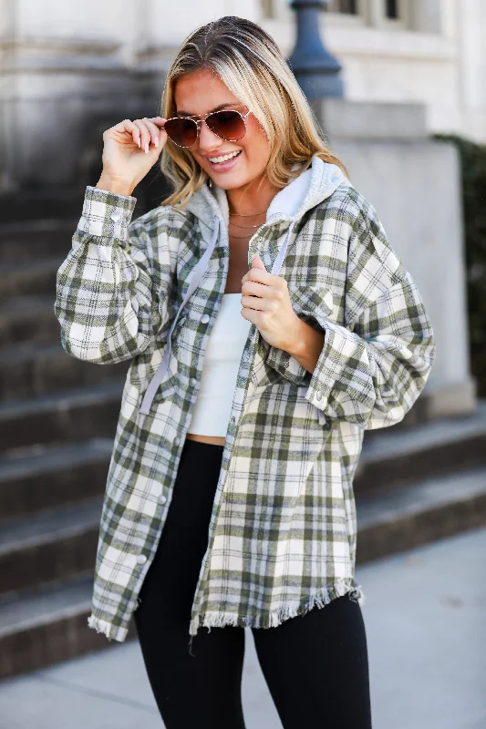 Wintery Behavior Olive Plaid Hooded Shacket Oversized Hoodie Comfort Casual
